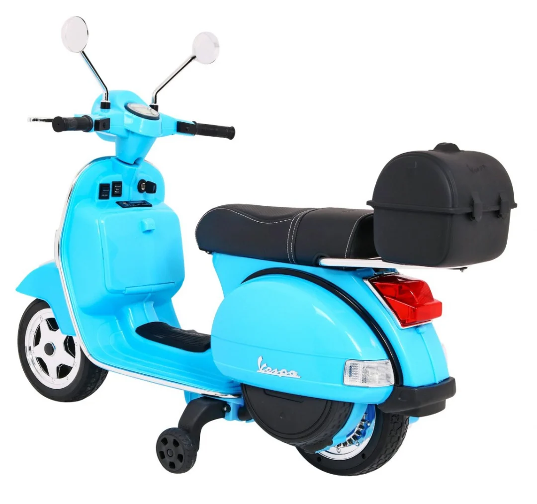 Vespa električni skuter za djecu plavi + pomoćni kotači + audio + eko koža + EVA + spori, plava motor na akumulator_5