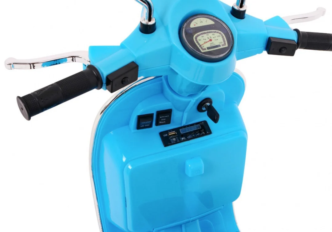 Vespa električni skuter za djecu plavi + pomoćni kotači + audio + eko koža + EVA + spori, plava motor na akumulator_6