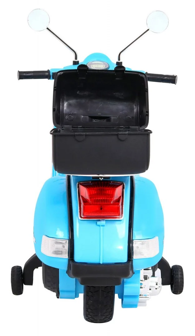 Vespa električni skuter za djecu plavi + pomoćni kotači + audio + eko koža + EVA + spori, plava motor na akumulator_7