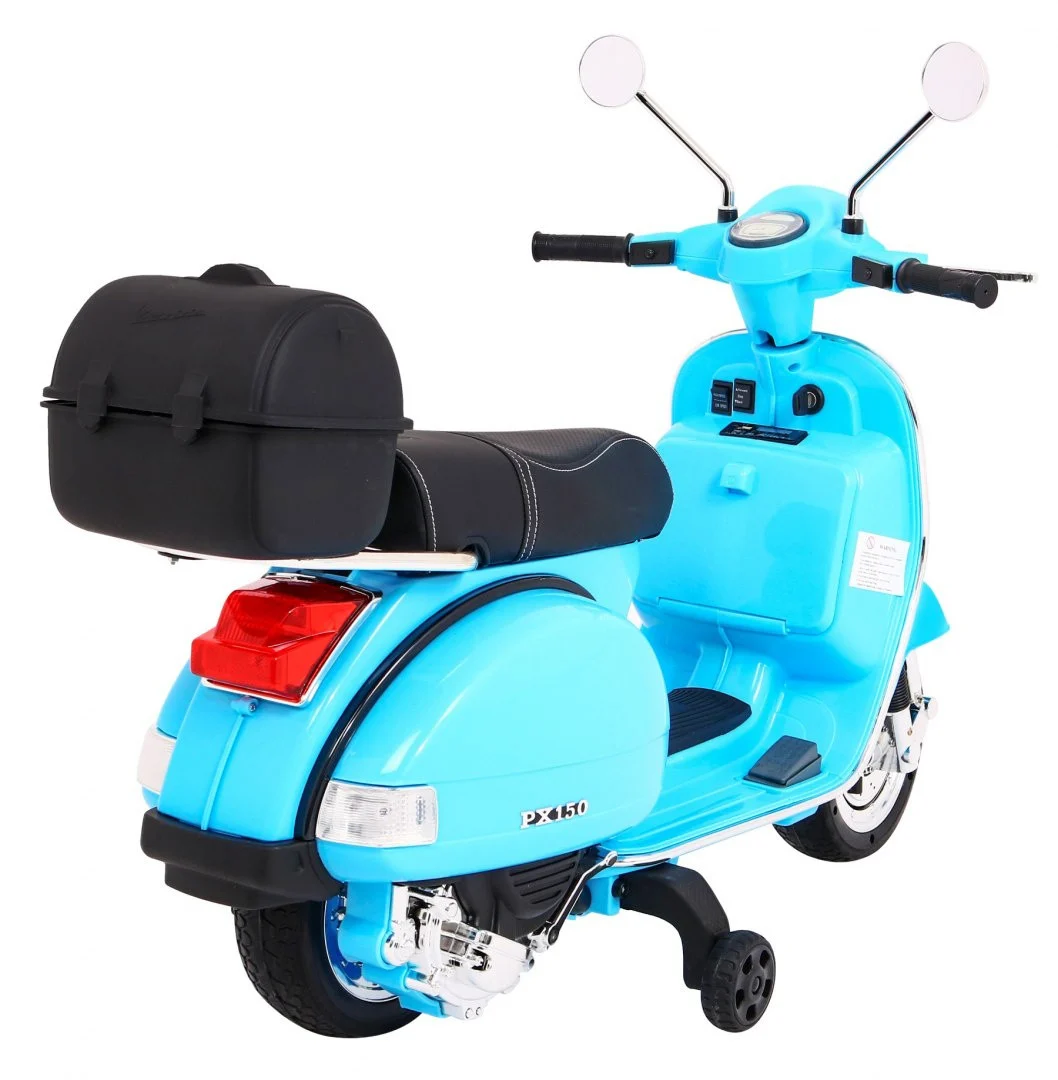Vespa električni skuter za djecu plavi + pomoćni kotači + audio + eko koža + EVA + spori, plava motor na akumulator_8