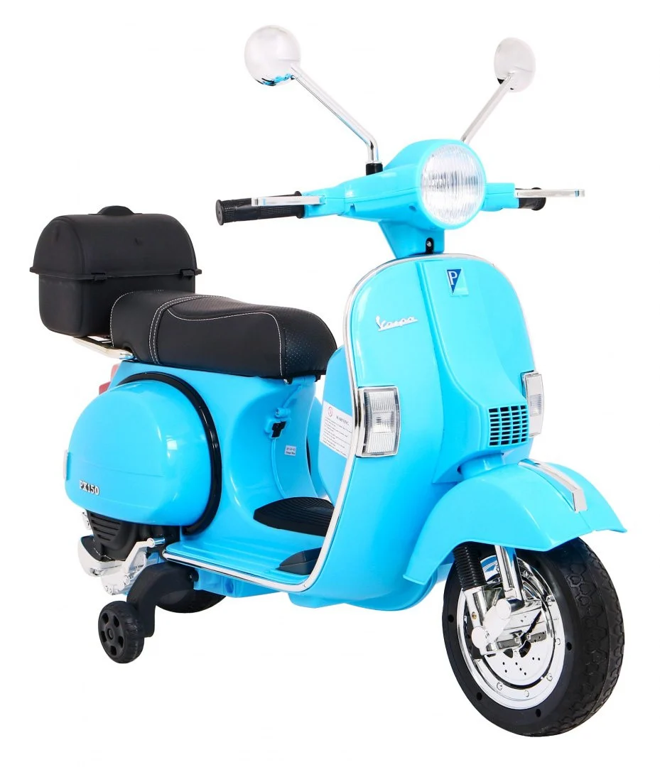 Vespa električni skuter za djecu plavi + pomoćni kotači + audio + eko koža + EVA + spori, plava motor na akumulator_9