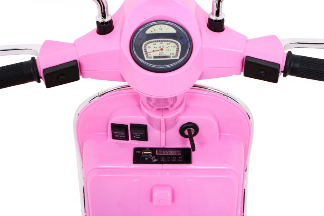 Vespa električni skuter za djecu roza + pomoćni kotači + audio + eko koža + EVA + spori start motor na akumulator_7