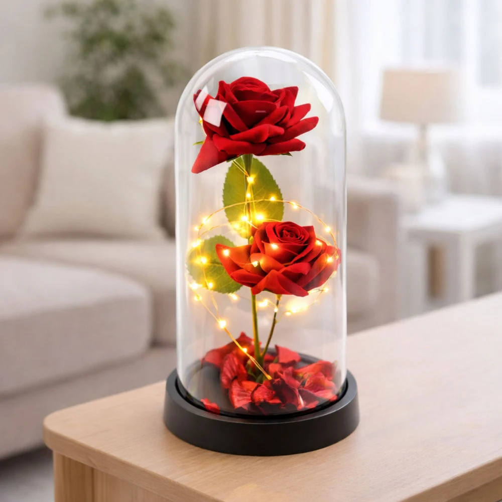 Vječne 2 ruže u kupoli s LED rasvjetom crvene 21 × 11 cm_3