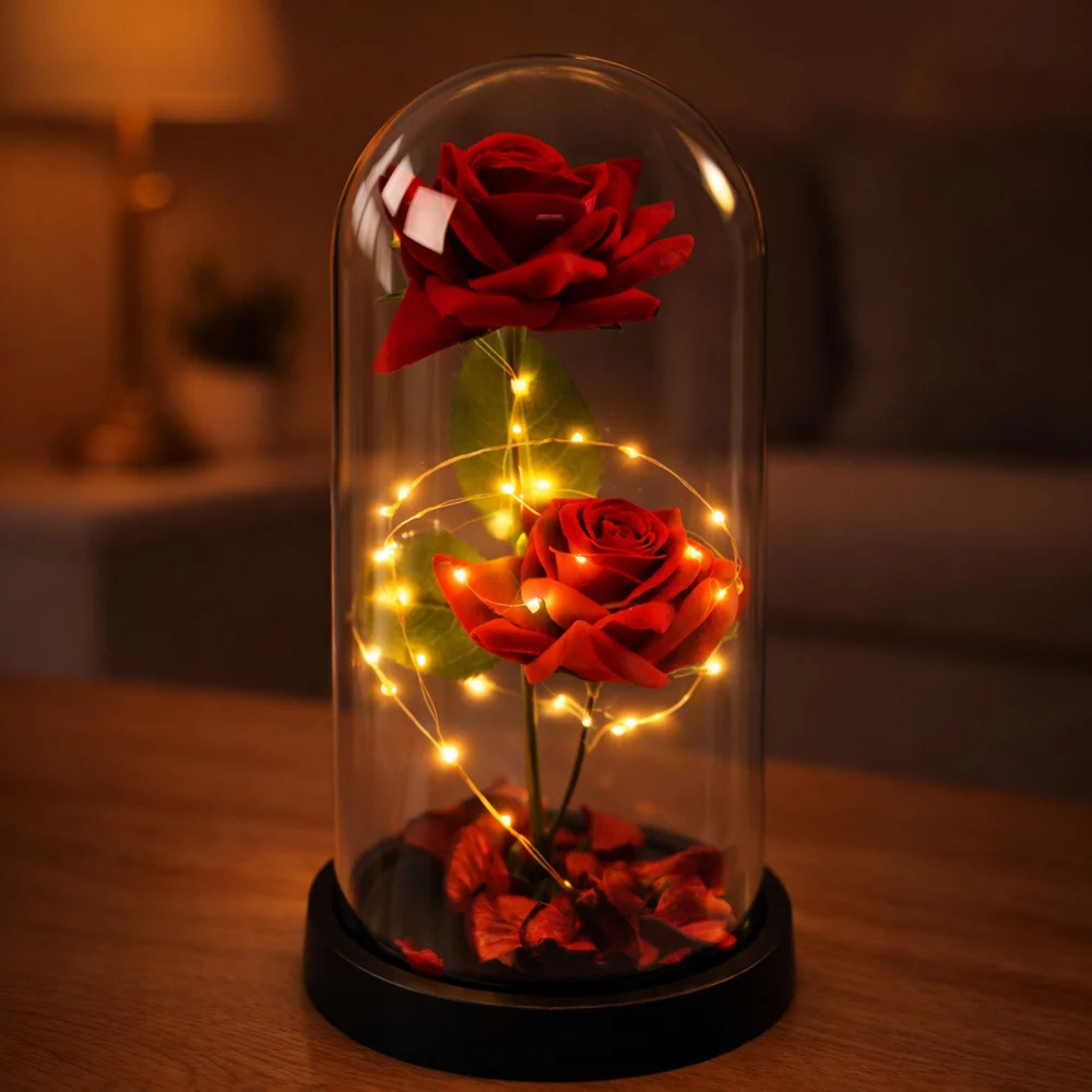 Vječne 2 ruže u kupoli s LED rasvjetom crvene 21 × 11 cm_6