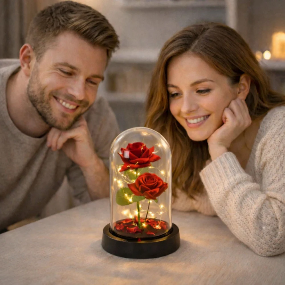 Vječne 2 ruže u kupoli s LED rasvjetom crvene 21 × 11 cm_8