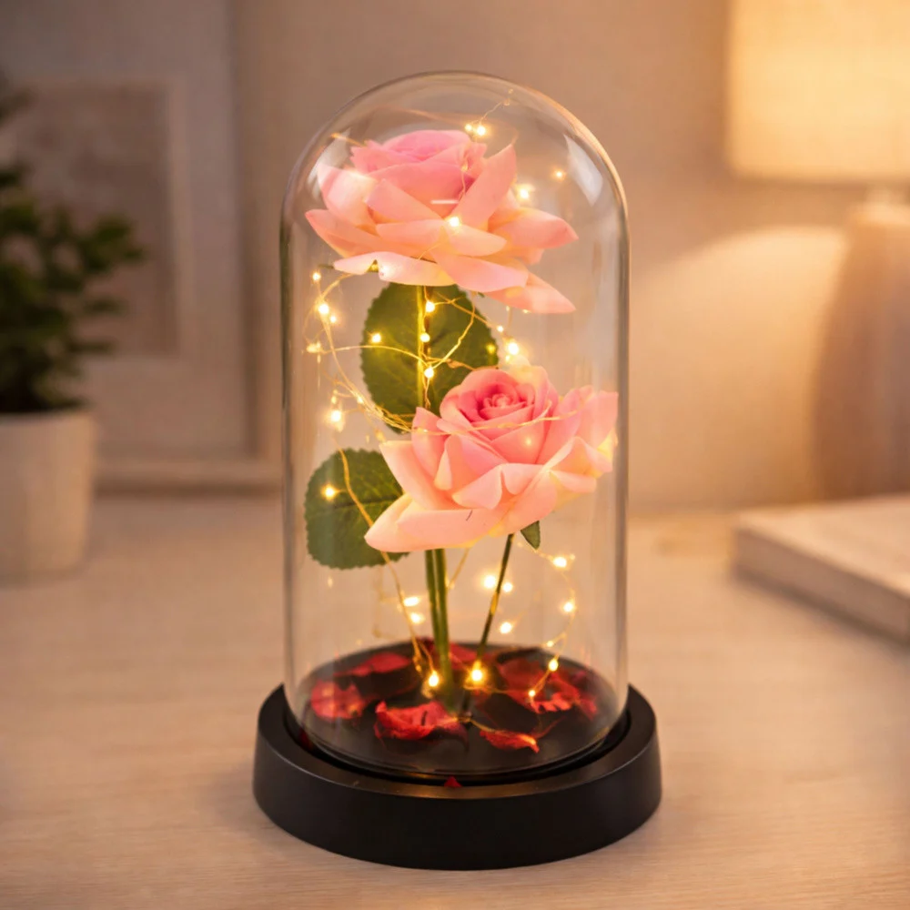 Vječne 2 ruže u kupoli s LED rasvjetom ružičaste 21 × 11 cm_5
