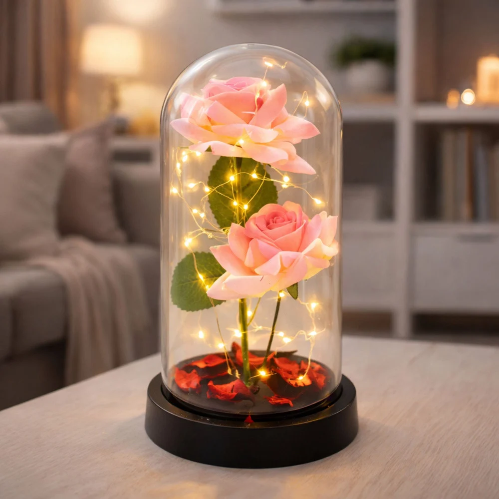 Vječne 2 ruže u kupoli s LED rasvjetom ružičaste 21 × 11 cm_6