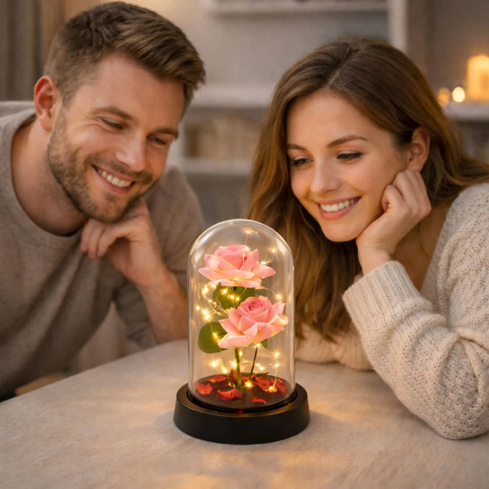 Vječne 2 ruže u kupoli s LED rasvjetom ružičaste 21 × 11 cm_8
