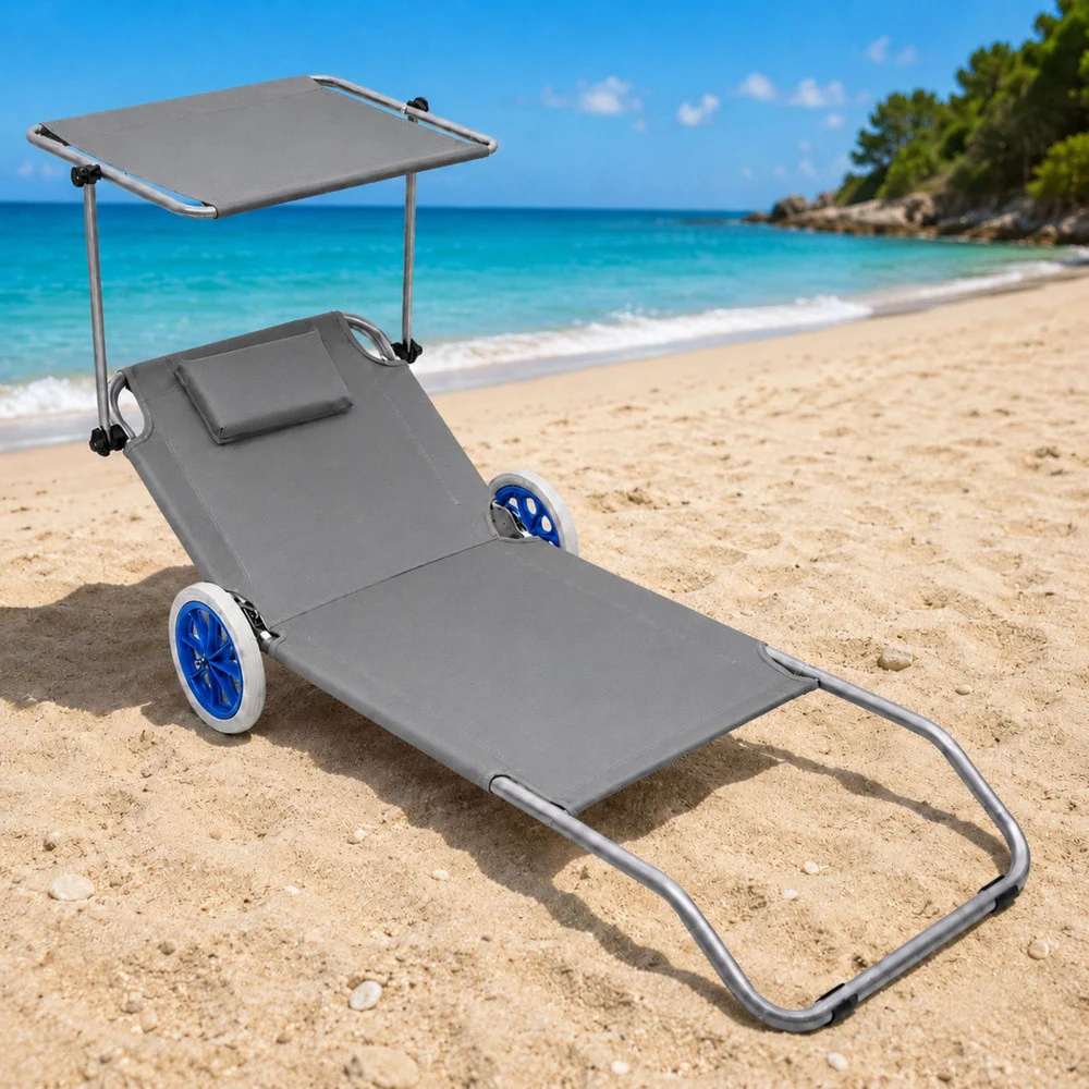 Vrtna ležaljka za plažu na kotačima sa sklopivom tendom, aluminijska, siva_5