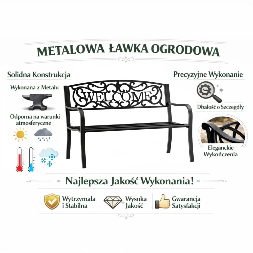Vrtna metalna klupa Welcome 3 sjedala crna 127 cm_10