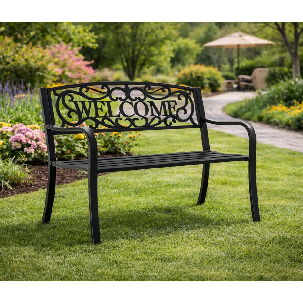 Vrtna metalna klupa Welcome 3 sjedala crna 127 cm_6
