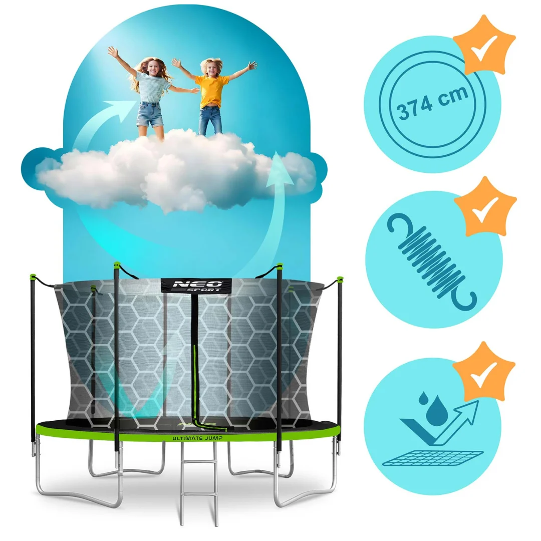 Vrtni trampolin Neo-Sport, Ø 374 cm (12 ft), unutarnja mreža i ljestve, siva, var. NS-12W231_2