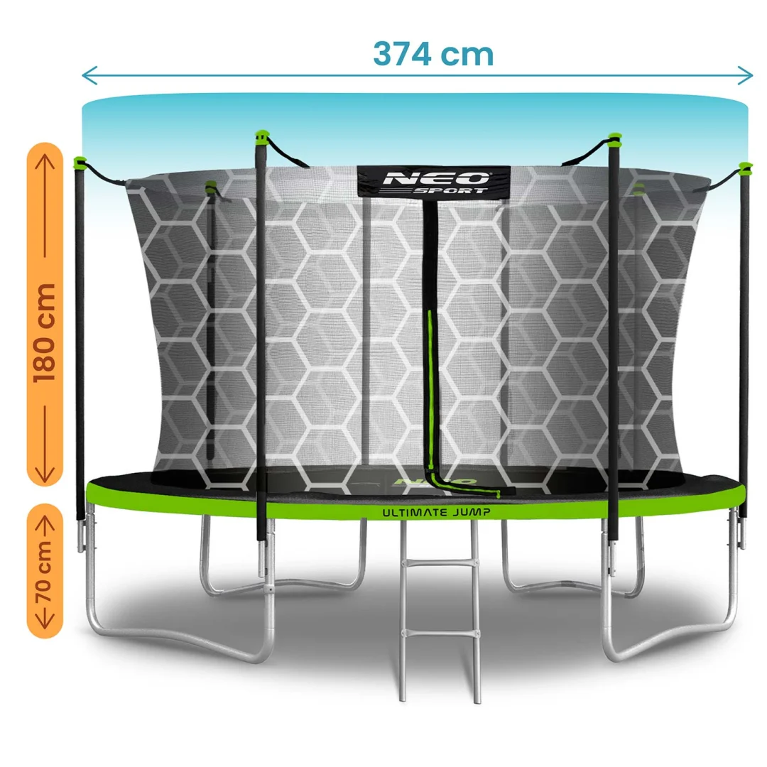 Vrtni trampolin Neo-Sport, Ø 374 cm (12 ft), unutarnja mreža i ljestve, siva, var. NS-12W231_9