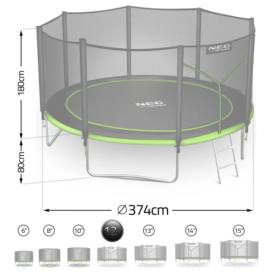 Vrtni trampolin Neo-Sport, Ø 374 cm (12 ft), vanjska mreža i ljestve, siva, var. NS-12Z231_7