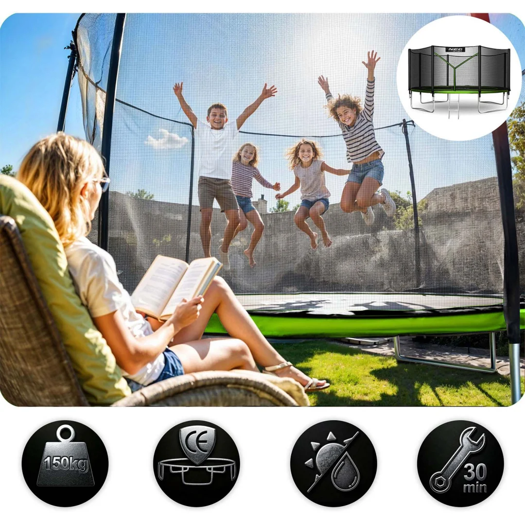 Vrtni trampolin Neo-Sport, Ø 374 cm (12 ft), vanjska mreža i ljestve, siva, var. NS-12Z231_9