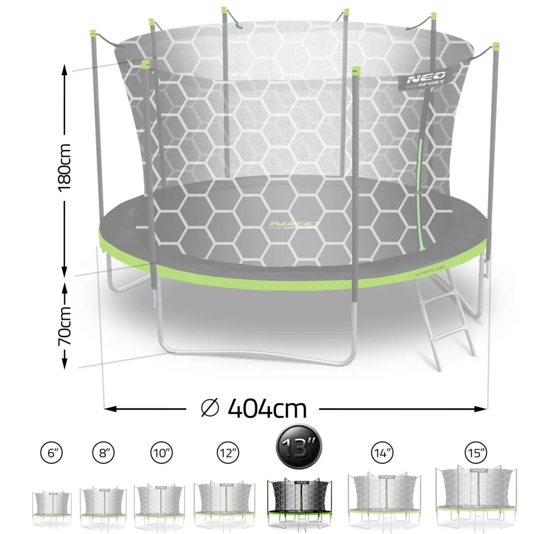 Vrtni trampolin Neo-Sport, Ø 404 cm (13 ft), unutarnja mreža i ljestve, siva, var. NS-13W231_15