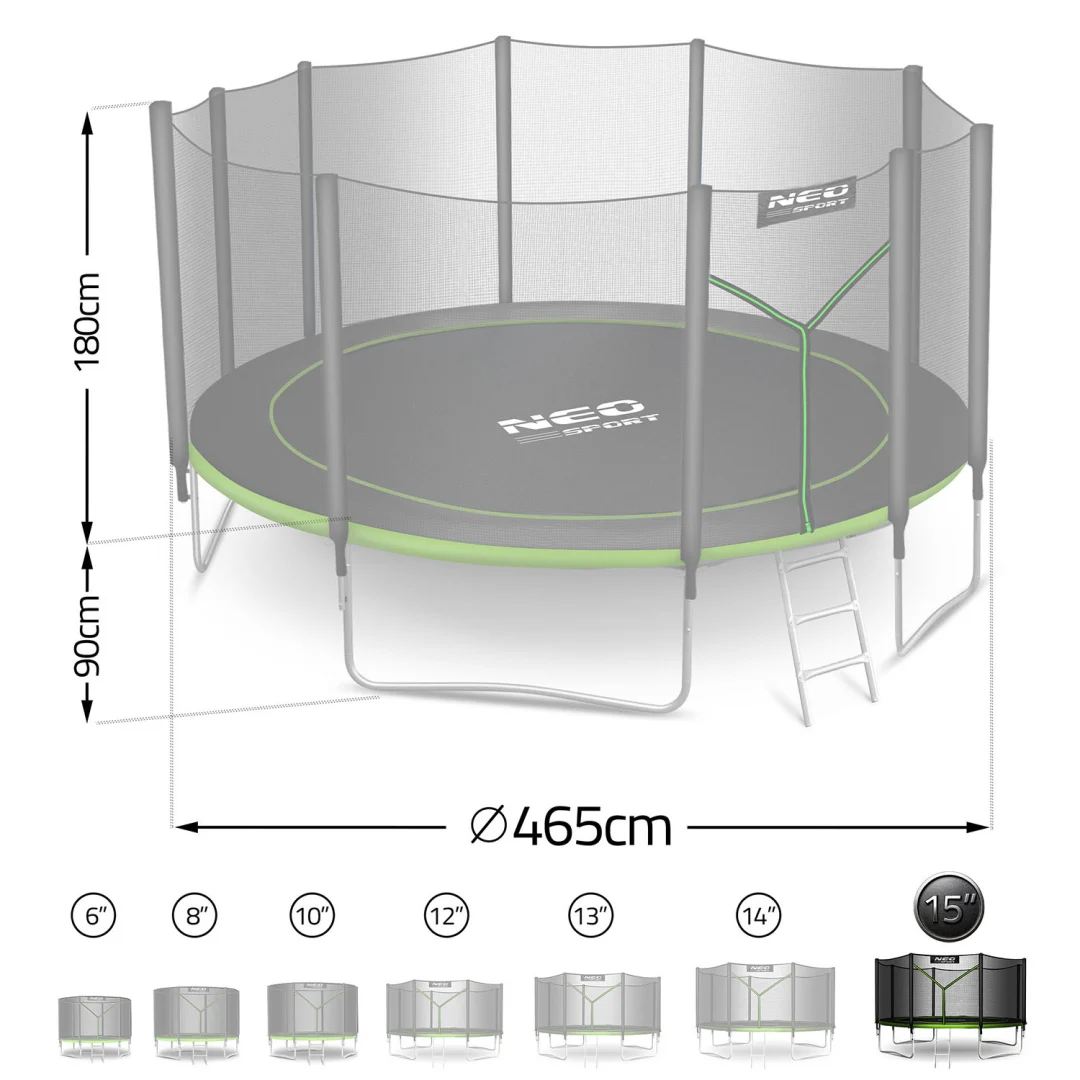 Vrtni trampolin Neo-Sport, Ø 465 cm (15 ft), vanjska mreža i ljestve, siva, var. NS-15Z231_7