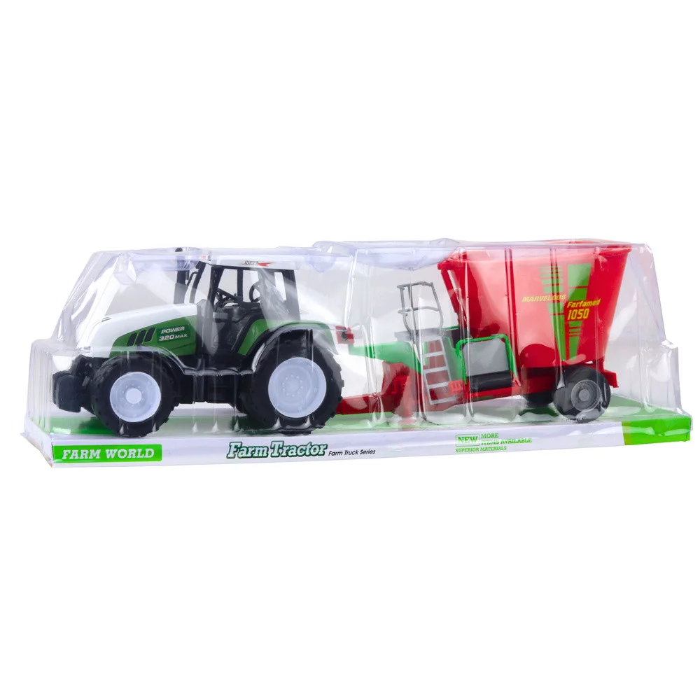 Zeleni poljoprivredni traktor s prikolicom i mješalicom za stočnu hranu 50 cm_5