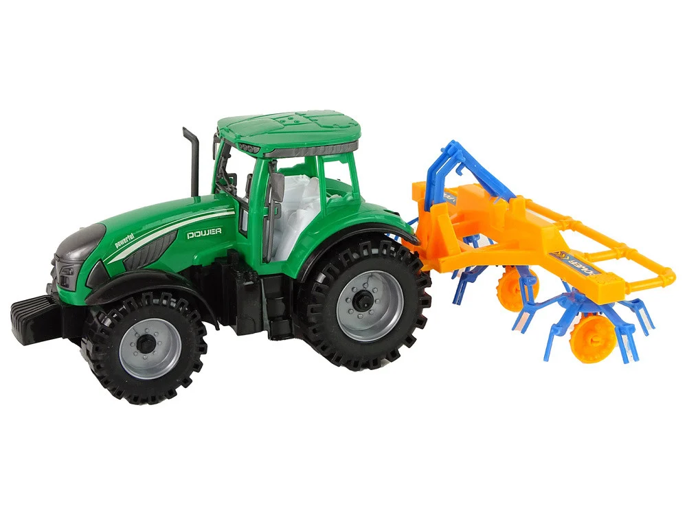 Zeleni traktor s narančastim i plavim pogonom trenja grablja_2