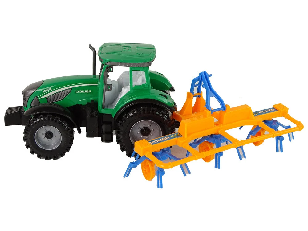 Zeleni traktor s narančastim i plavim pogonom trenja grablja_3