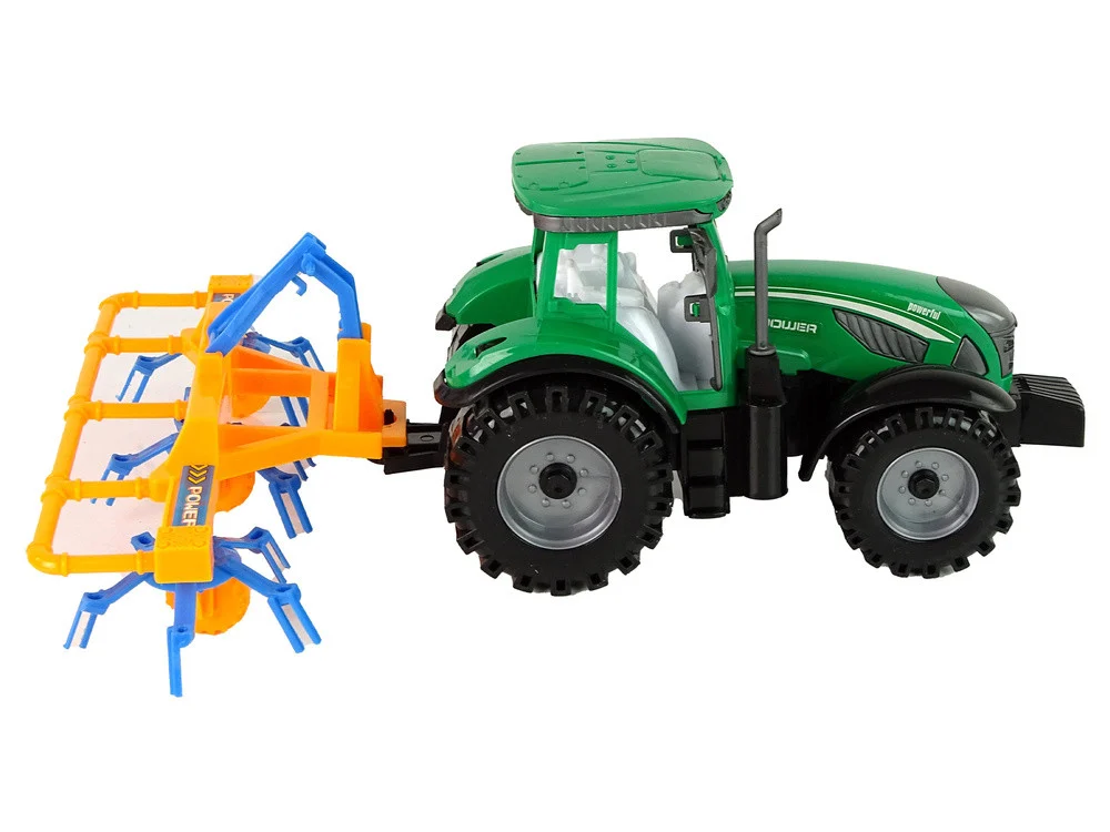 Zeleni traktor s narančastim i plavim pogonom trenja grablja_5