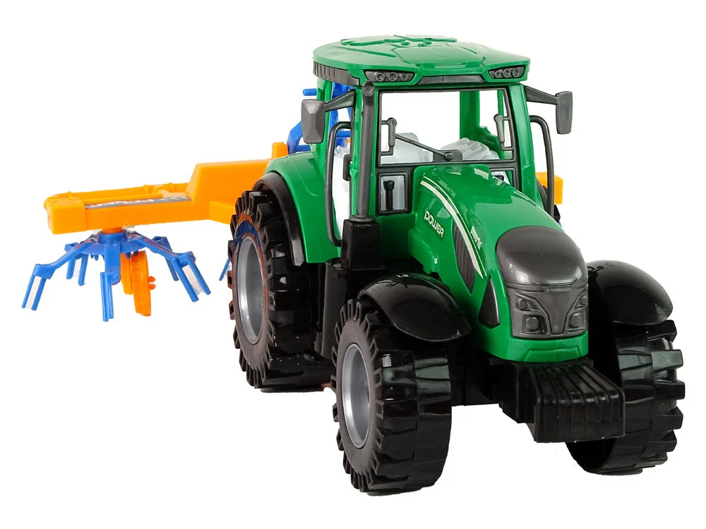 Zeleni traktor s narančastim i plavim pogonom trenja grablja_6