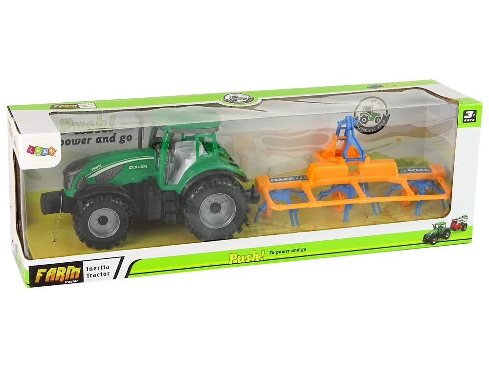 Zeleni traktor s narančastim i plavim pogonom trenja grablja_7