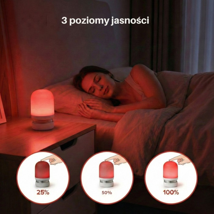 Noćna svjetiljka LED crvene svjetlo 630 nm bežična USB-C akumulator 1000 mAh podešavanje svjetline za spavaće sobe_3