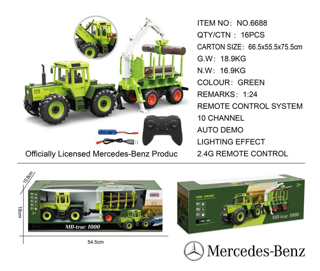 Zeleni RC traktor Mercedes-Benz 1:24 s prikolicom i dizalicom za drva_1