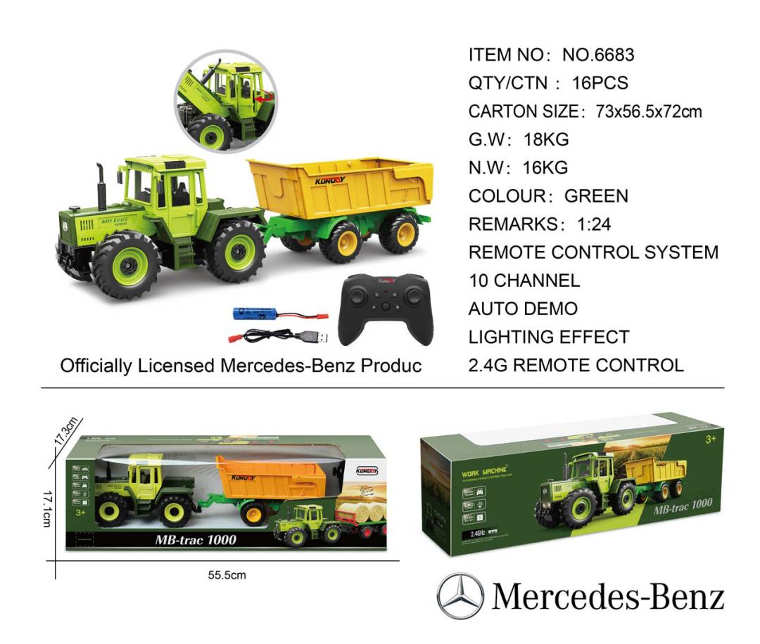 Zeleni traktor Mercedes-Benz 1:24 s daljinskim upravljanjem i žutom prikolicom_1