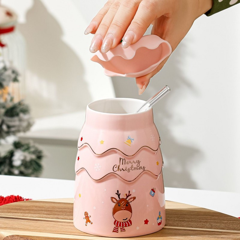Božićna šalica – s poklopcem i slamkom, 400 ml, roza_4