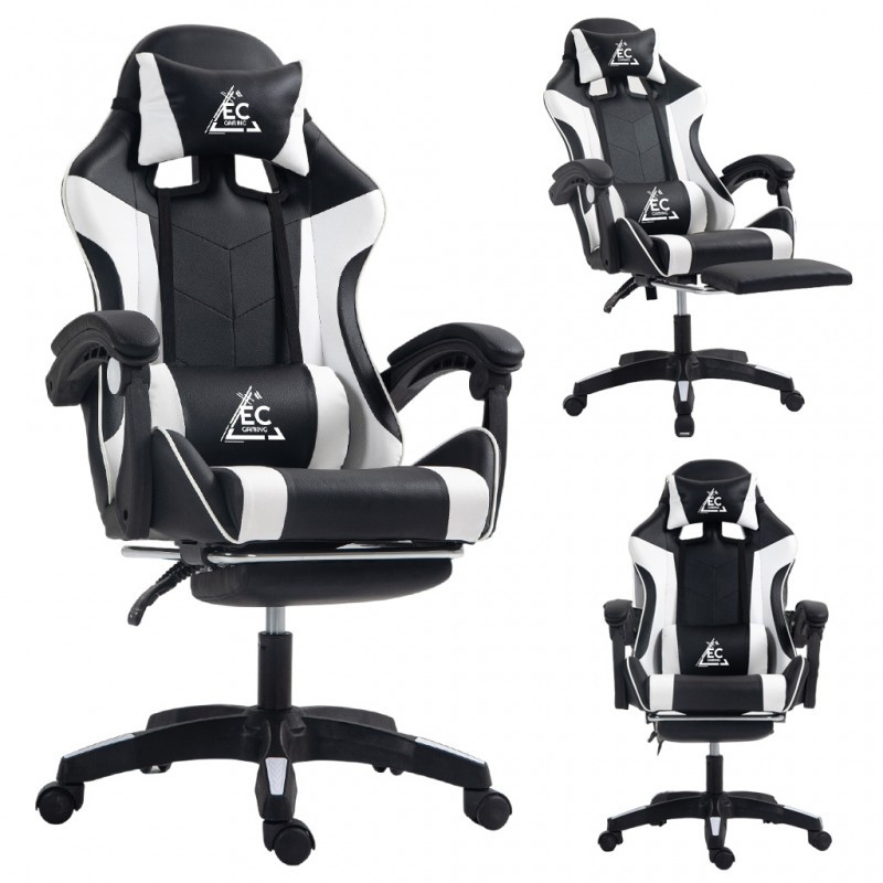 Gaming stolica – s masažerom i naslonom za noge, eko koža, 82×32×59 cm, bijela_4