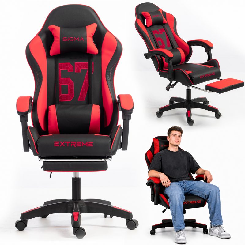 Gaming stolica – s naslonom za noge, eko koža, 110 cm, crvena_1