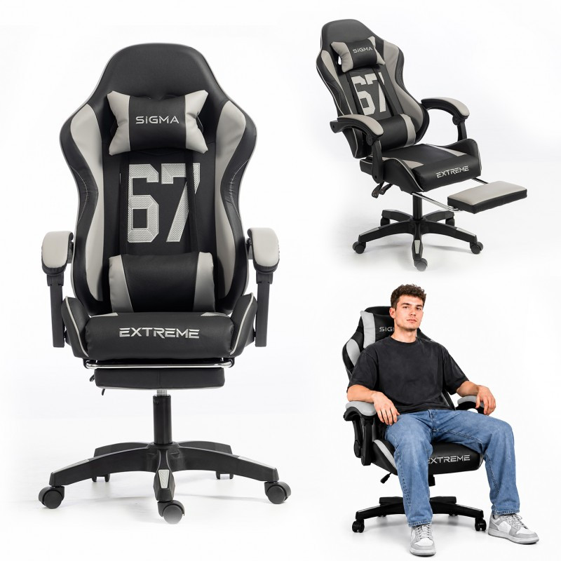Gaming stolica – s naslonom za noge, eko koža, 110 cm, siva_1