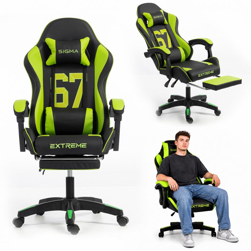 Gaming stolica – s naslonom za noge, eko koža, 110 cm, zelena_1
