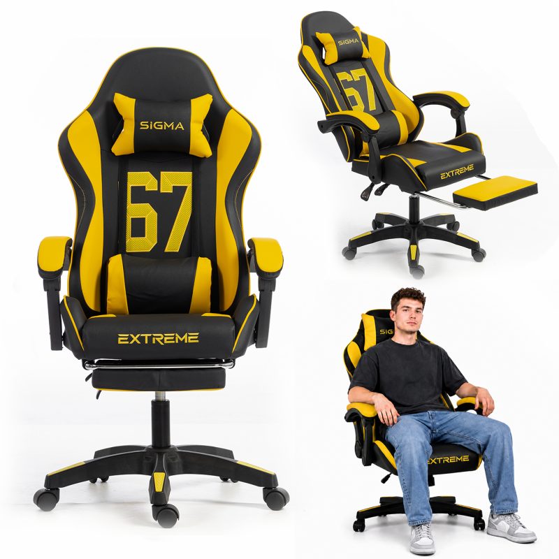 Gaming stolica – s naslonom za noge, eko koža, 110 cm, žuta_1