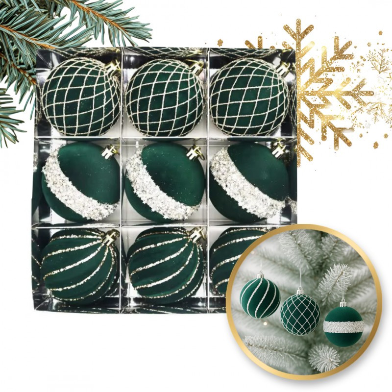 Kuglice za bor – set od 9 kom, od baršuna, 8 cm, zelene_1