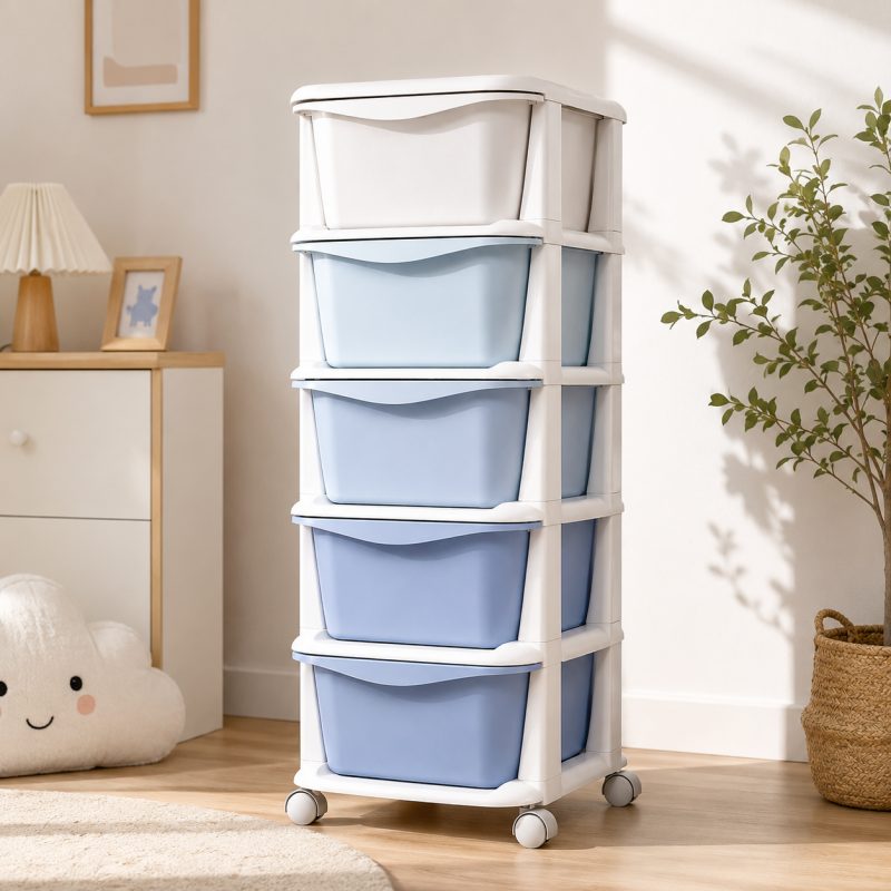 Plastični regal – na kotačićima, s ladicama, 97×38×37 cm, bijeli, PO23_2