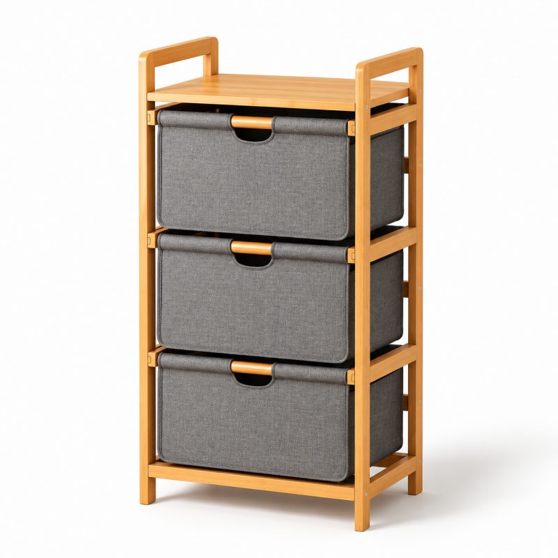 Polica – bambus, s ladicama, 32×45×96 cm_5
