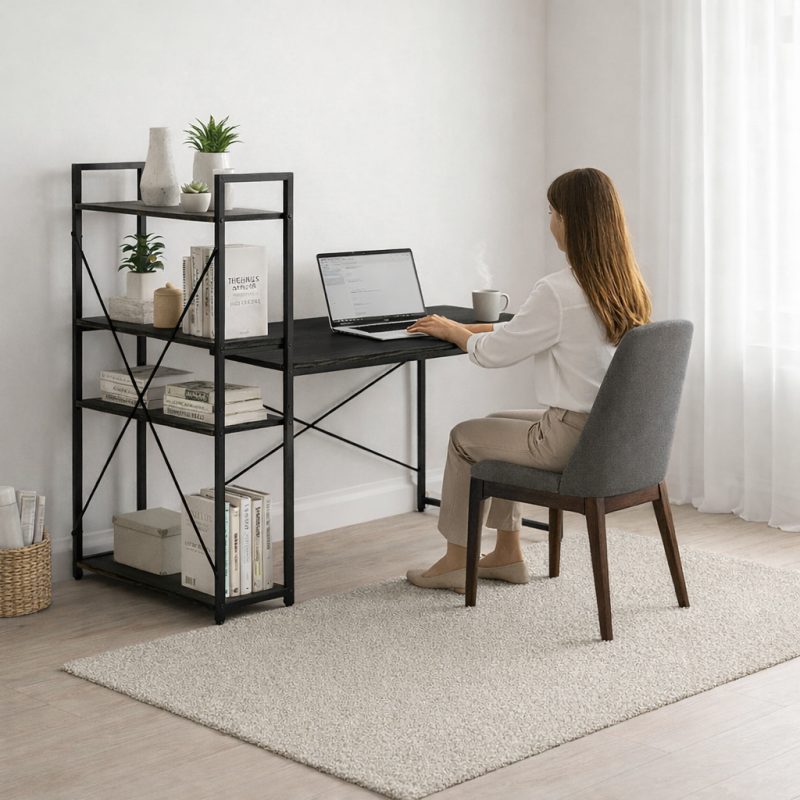 Radni stol – s policom, 120×60 cm, crni_2