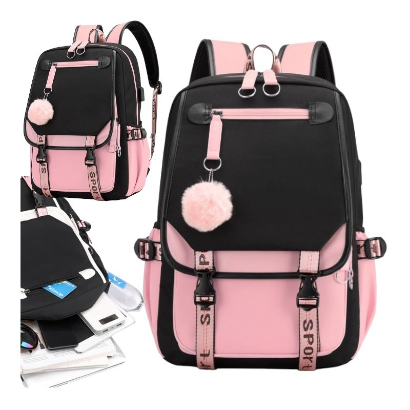 Školski ruksak – s USB priključkom, 46 cm, rozi_1