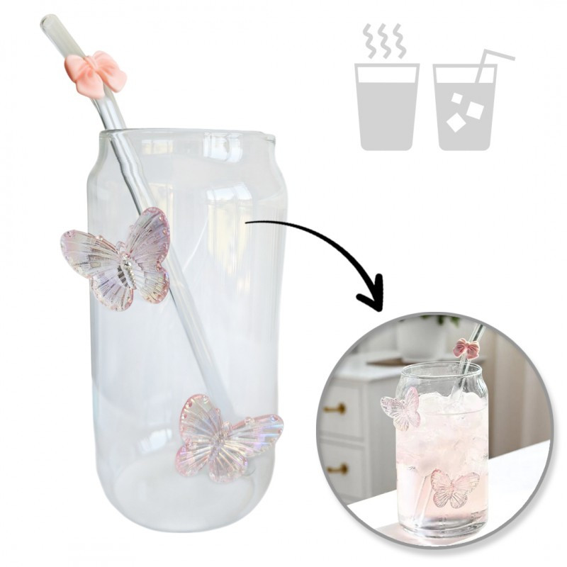 Staklena šalica – sa slamkom, 500 ml, roza_1